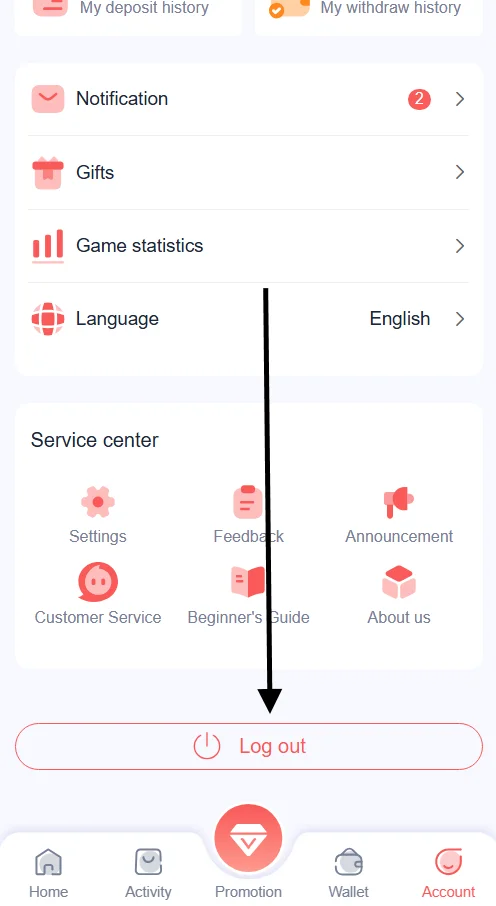 Tap the log out button to sign out of your account