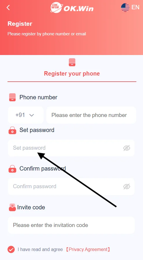 Create a new account password in the registration form