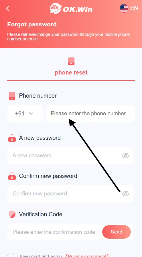 Enter your registered mobile number to reset your password