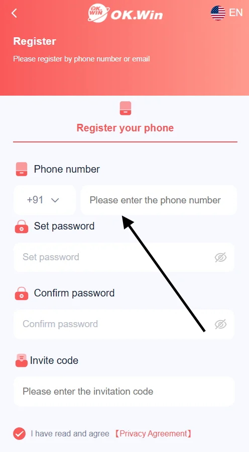 Enter your phone number in the registration form
