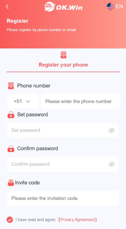 OK Win registration page with sign-up form